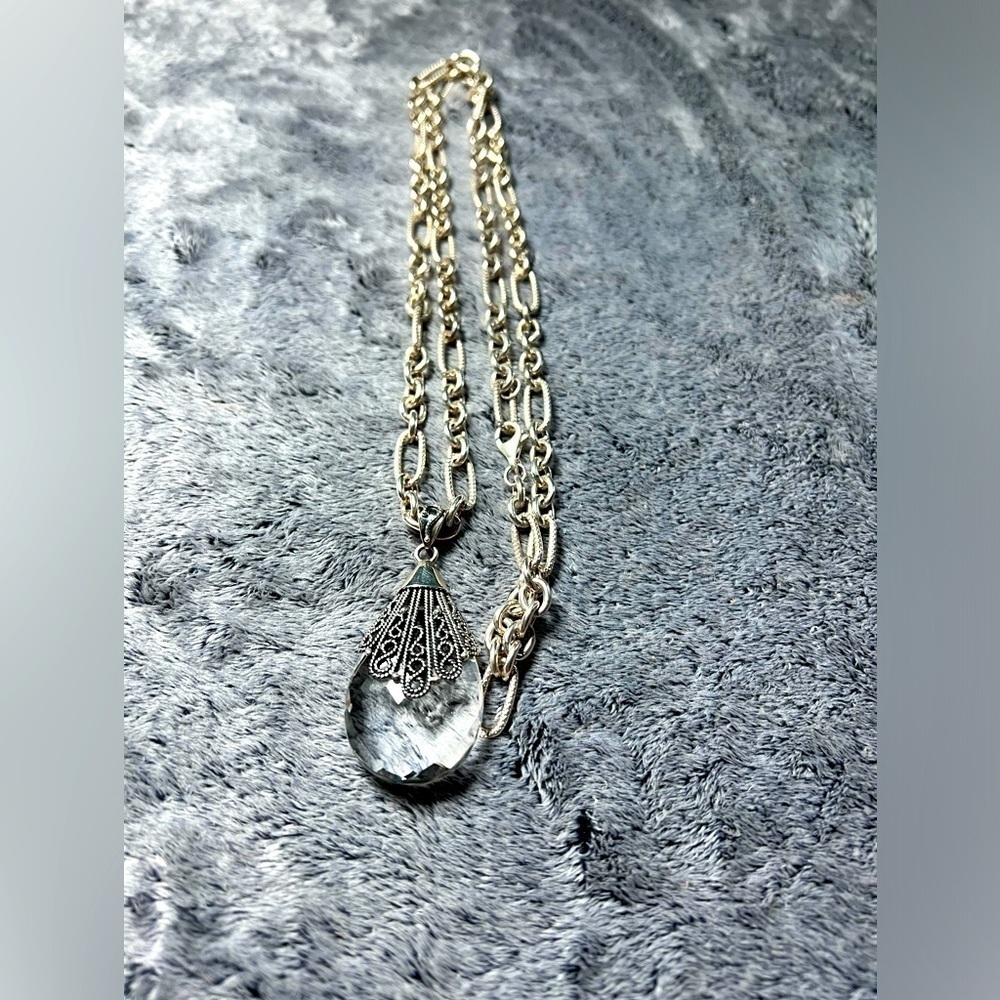 DOUG PAULUS Vintage Sterling Silver Filigree Teardrop Crystal Pendant Necklace